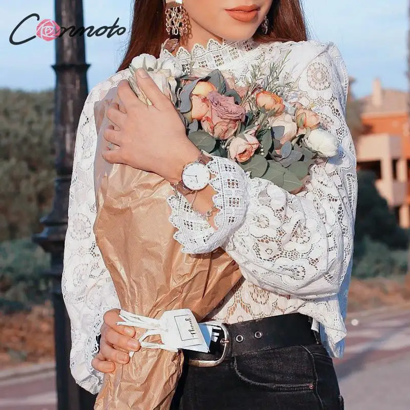 Conmoto кружевная белая сексуальная блузка, Женская Повседневная блуза, рубашки черепахи размера плюс, прозрачные Клубные блузки blusas mujer