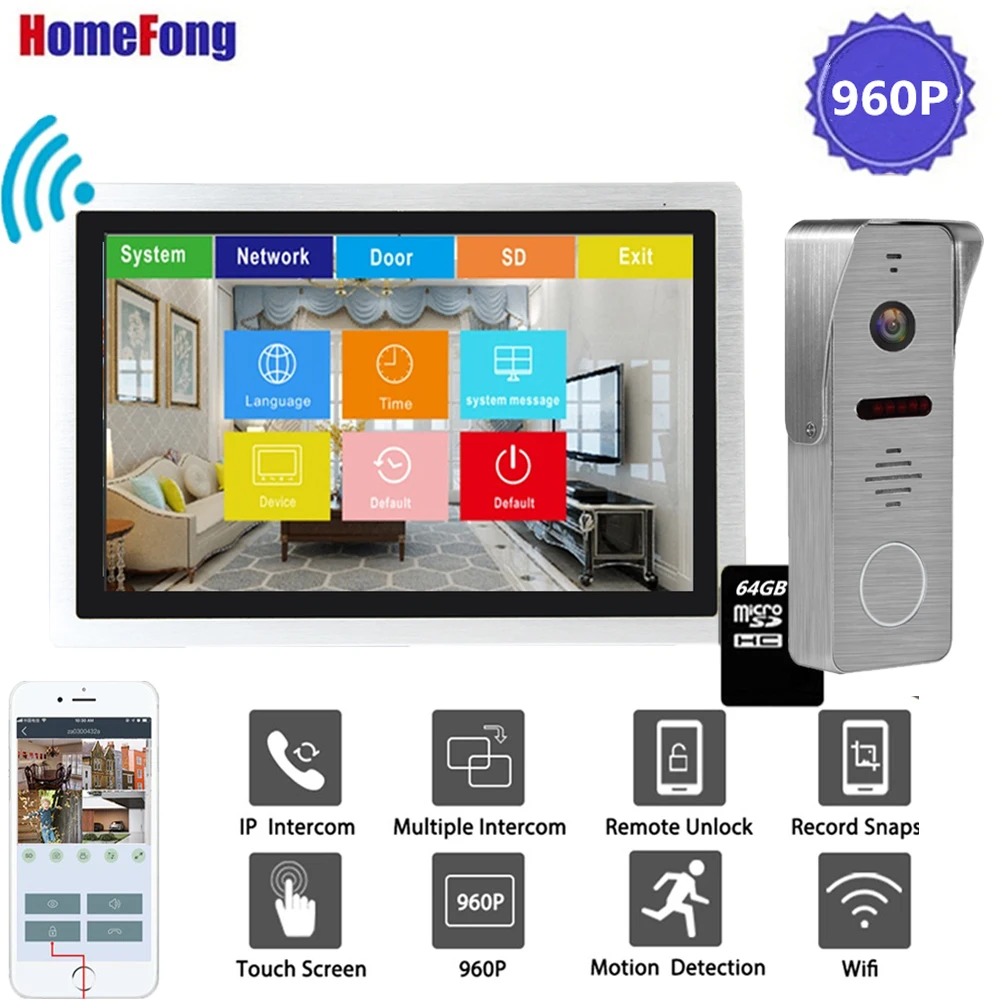 Видеодомофон Homefong 10 дюймов Wi Fi 960P сенсорный экран|Видеодомофон| |