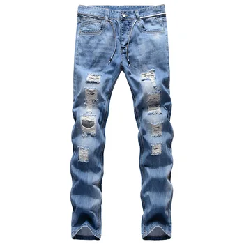 

Hole Jeans Men Patchwork Bleached Straight Distressed Washed Denim Full Length Coaboy Ripped Male Jeans Tide