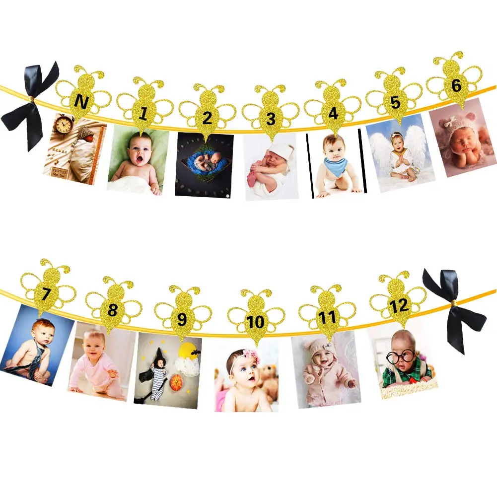 

Bumble Bee 12 Months Photo Frame Banner First Happy Birthday Decoration 1st Baby Boy Girl My 1 One Year Party Supplies