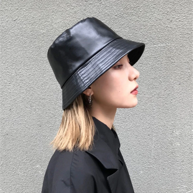 Winter Autumn Solid Black Soft PU Leather Bucket Cap Retro Lady Panama Hat Outdoor Sunscreen Women Sun Hats frog bucket hat