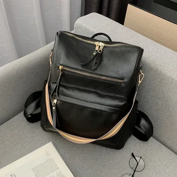 

College style new PU leather women's backpack solid color soft surface travel large capacity multifunctional backpack