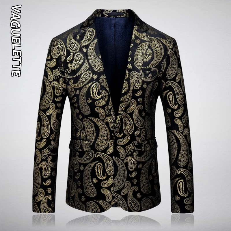 

Vaguelette Stylish Gold&Black Paisley Blazer For Men Fashion Slim Fit Men Blazers Wedding Stage Wear Party Suit Jacket Men 2019