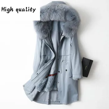 Billig 2020 Weiblichen Mantel Echt Kaninchen Liner Parka Winter Jacke Frauen Fuchs Pelz Kragen Koreanische Lange Graben Mäntel MY4092