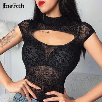 

InsGoth Sexy Lace Tops Women Bodycon Hollow Out Black Tops Streetwear Casual Short Sleeve Short Tops Females Summer