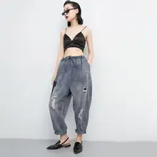 Женские синие джинсовые брюки с высокой талией, хит цвета, свободные джинсы с широкими штанинами, уличная одежда, Женские Мешковатые джинсовые брюки бойфренда