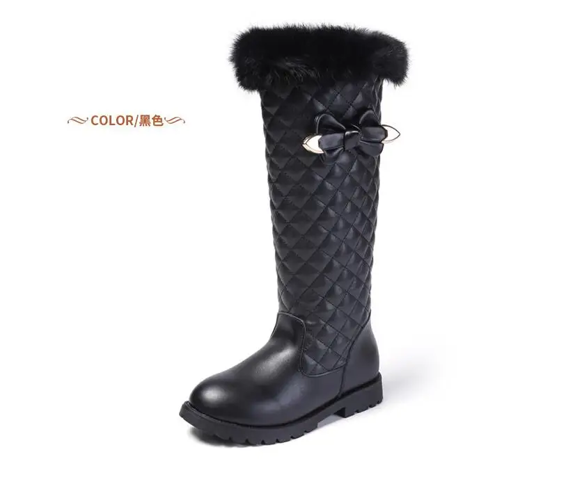 Children boots girls genuine leather boots winter fashion knee-high martin boots plus velvet warm rabbit fur kids princess shoes