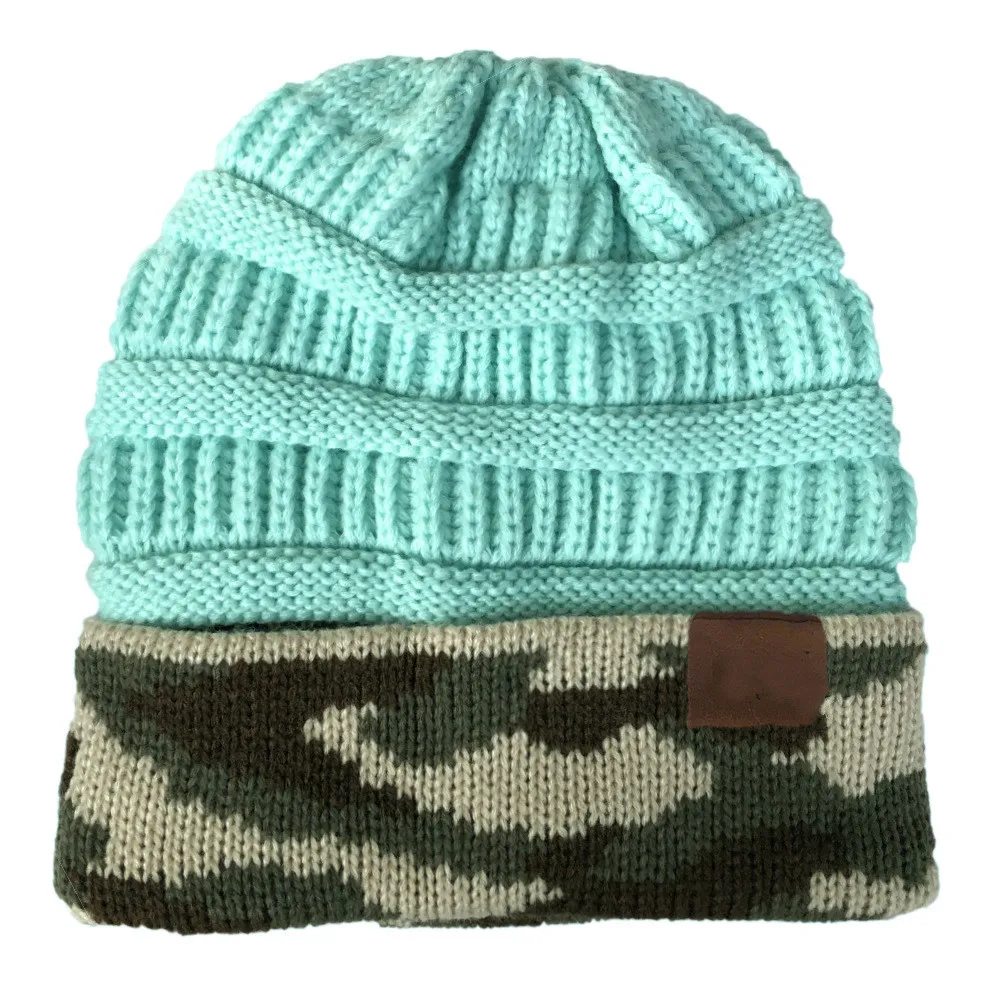 New Fashion Woman Winter Warm Hat Knit Thick Camouflage Stitching Hat Cashmere Beanies Unisex Accessories Cap - Color: 4