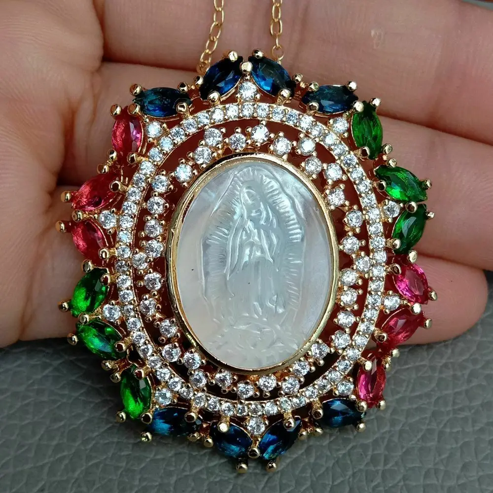 1" белая раковина Девы Марии Радуга CZ микро Pave Oval кулон ожерелье