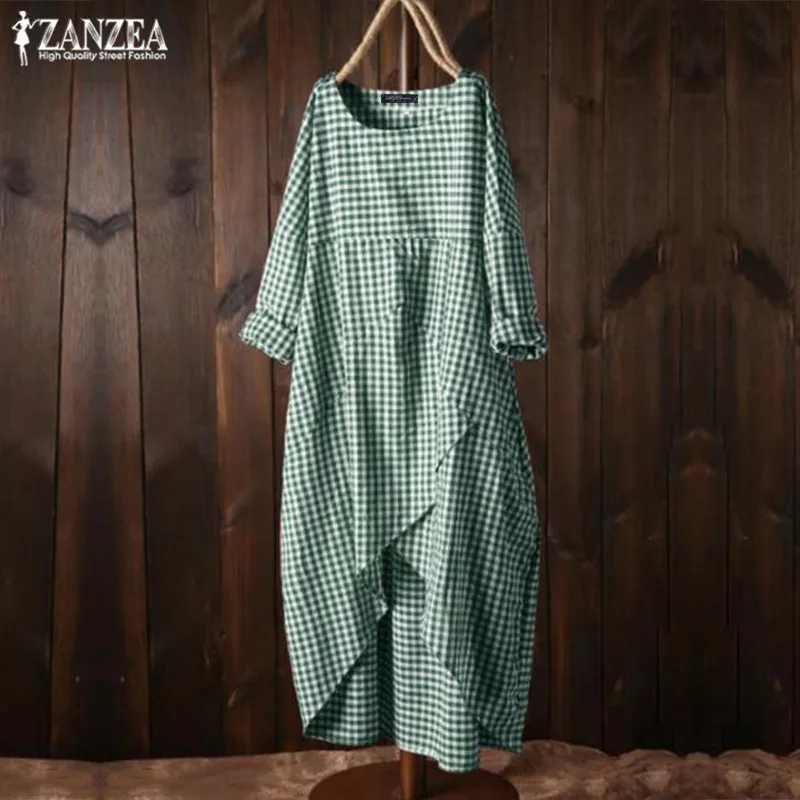 Асимметричное женское платье в клетку, ZANZEA, женское клетчатое платье с длинным рукавом, vestidos, летний сарафан, повседневное платье, Femme 5XL - Цвет: Зеленый