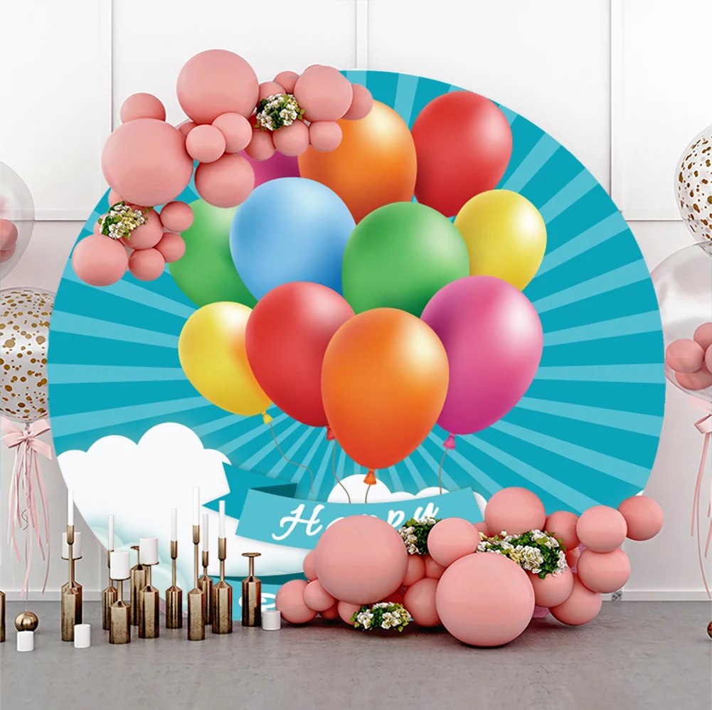 

Laeacco Colorful Balloons Blue Stripes Birthday Party Customized Posters Round Circle Photo Background Photographic Backdrops