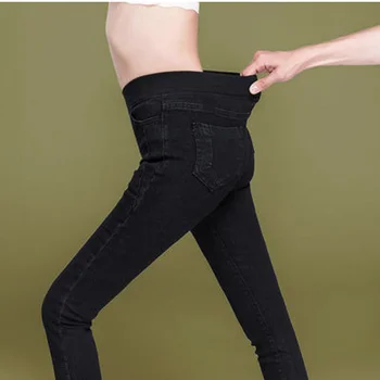 

Women Cotton Blue Elastic Waist Jeans Washed High Waist Plus Size Fashion Female Casual Slim Denim Pants