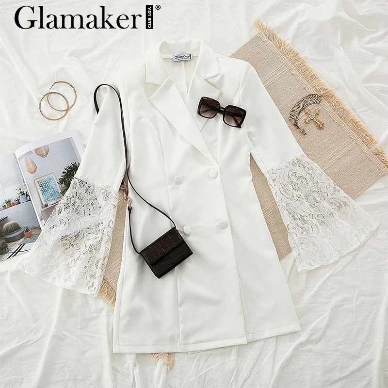 Glamaker, сексуальное кружевное лоскутное платье-Блейзер, женское, Ретро стиль, с расклешенными рукавами, белое платье, Клубные, вечерние, Осенние, короткое платье, элегантное, vestidos - Цвет: Белый