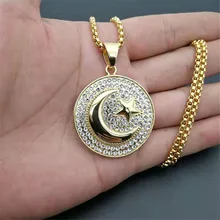 Moslim Halve Maan En Ster Hanger Rvs Ronde Ketting Hip Hop Iced Out Vrouwen Mannen Islamitische Sieraden Dropshipping(China)
