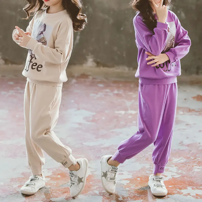 

New Autumn Baby Girl Long Sleeve Cartoon Letters Pattern T-shirt Blouse+Pants Trousers Casual Outfits Set 2 color 3-10T