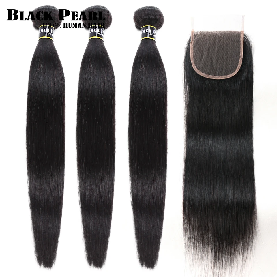 Baratos Negro perla no Remy Peruvian pelo mechones con cierre 4 piezas lote pelo humano recto 3 mechones con cierre cabello humano tejido