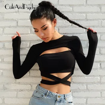 

Hollow out Sexy Women T-shirt Criss Cross Bandage Bodyocn Long Sleeve Crop Top Streetwear Basic Tee Shirts Ladies Cuteandpsycho