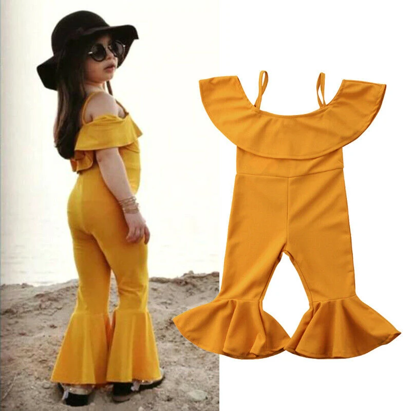 

2020 Summer Overalls 1-6Y Toddler Baby Girls Solid Suspender Ruffle Jumpsuit Flare Pants Spring New Kids Casual Trousers