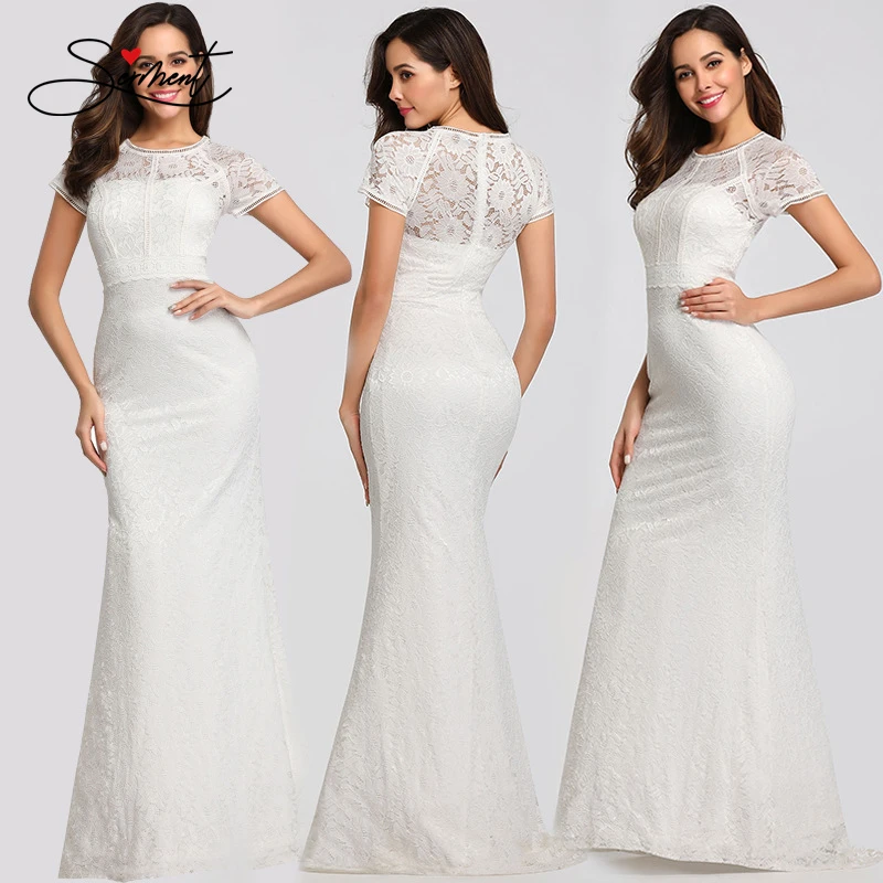 

New Elegant Woman Evening Gown White Lace Slim Slim Fishtail Long Evening Dress Suitable for Formal Parties