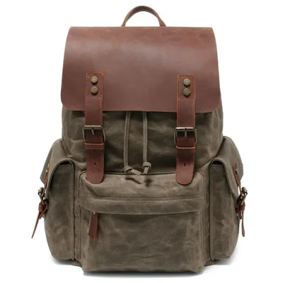 ELVASEK Large capacity Men's computer backpack retro canvas backpack canvas shoulder bag men's bag multifunction bag - Color: army green