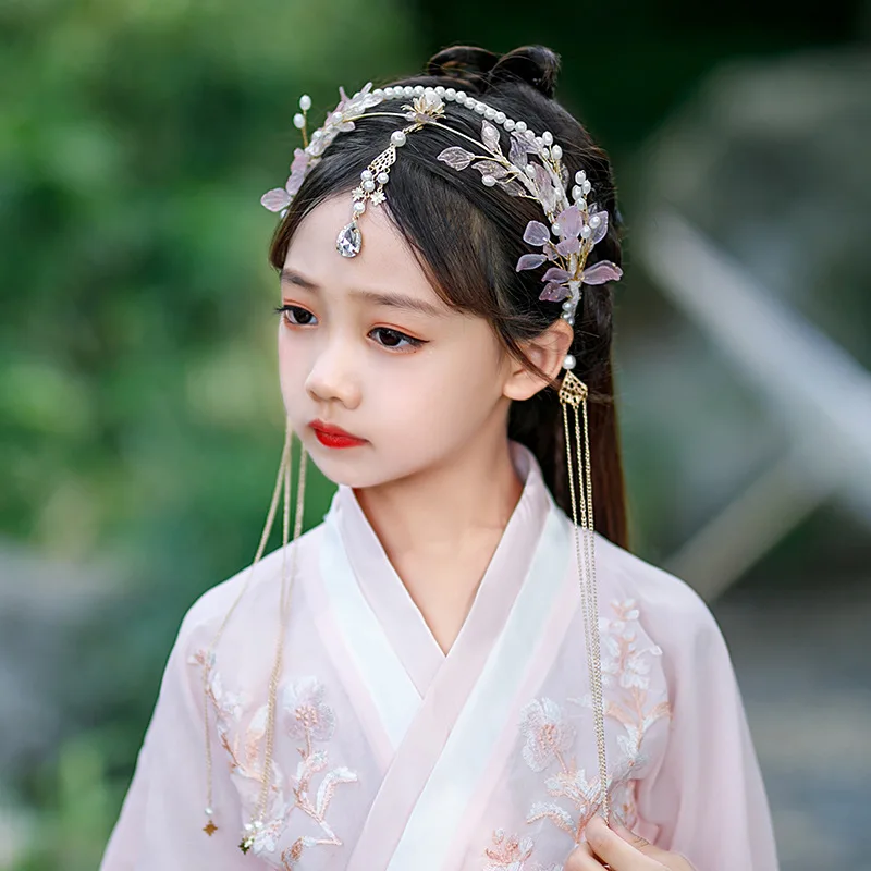Hair Accessory Hair Headdress Jewelry Accessories Hair Band Crown Tassel Headbands Simulated Pearl Leaf Tiaras and Crowns Hanfu Forehead Jewelry For Women Girls