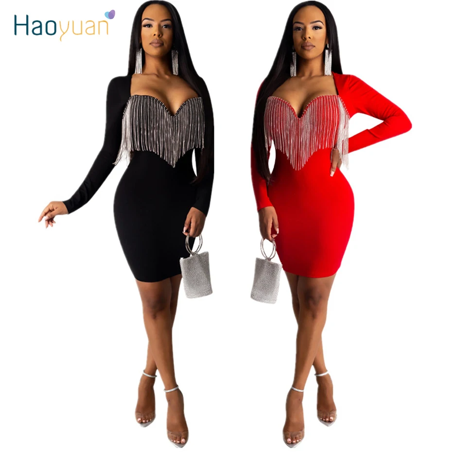 

HAOYUAN Diamonds Tassel Long Sleeve Bodycon Mini Dress Women Clothes Elegant Sexy Dresses Woman Party Night Clubwear Vestidos