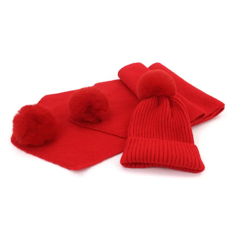 THINKTHENDO 2 шт./компл. для взрослых и детей зимние вязаные из искусственной шерсти с пушистым помпоном шапка длинный шарф набор - Цвет: Adult  Red