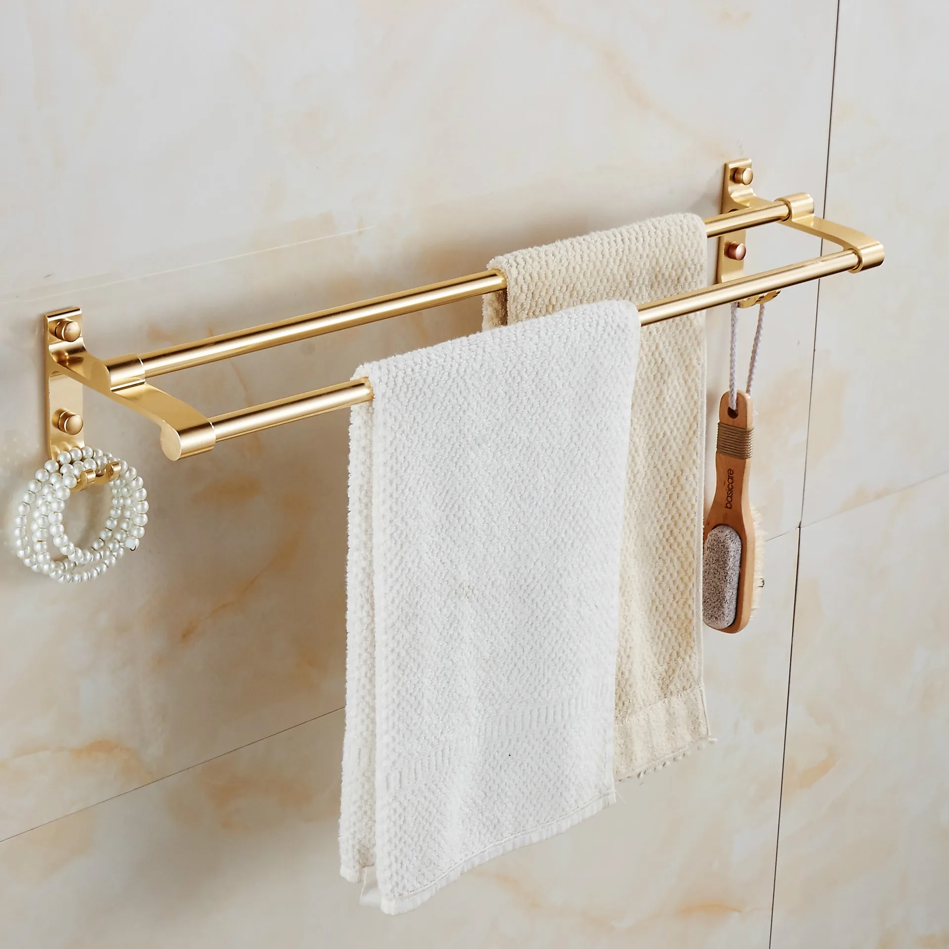 

Hole-Punched Alumimum Towel Rack Gold-Tone Double Poles Towel Bar Bathroom Hardware Pendant Manufacturers Wholesale