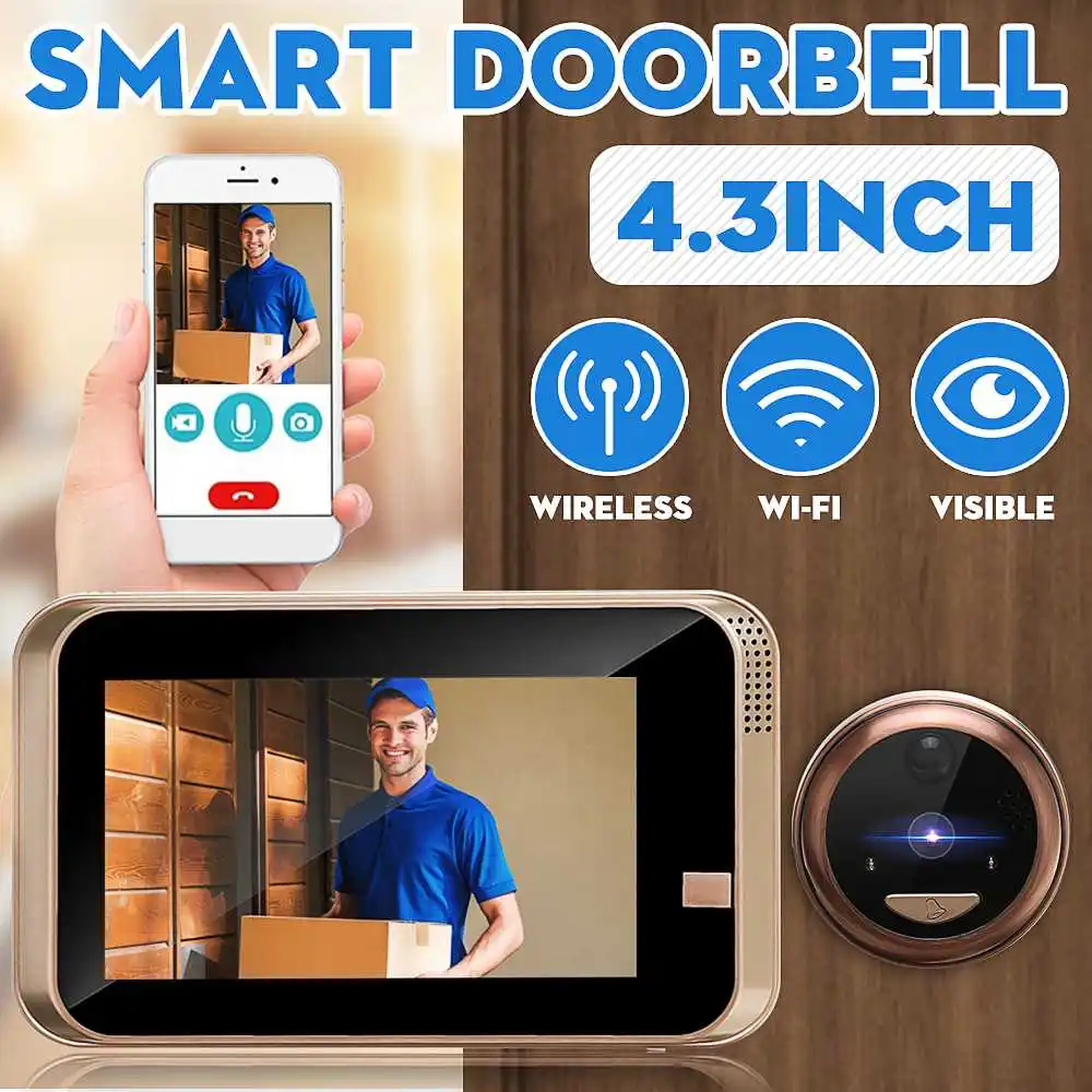 

4.3 Inch HD Video Peephole Wifi Doorbell PIR Infrared Detector Constantly Monitors Rechargeable Wireless Smart Ring Intercom