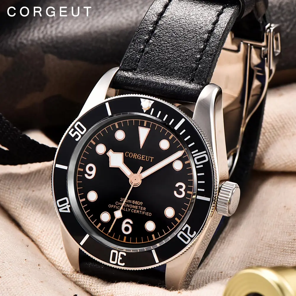 

Corgeut 41mm Automatic Mechanical Men Watch Luxury Brand Schwarz Bay Military Sport Swim Clock Leather Wrist Watches
