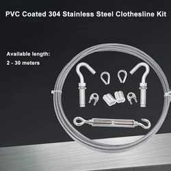 2   9 medidores de diâmetro 4mm pvc transparente revestido corda de fio flexível 7*7 estrutura 304 varal de aço inoxidável kit