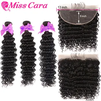 

Brazilian Deep Wave Bundles With Frontal Miss Cara 100% Remy Human Hair 3/4 Bundles With Closure 13*6 Frontal With Bundles