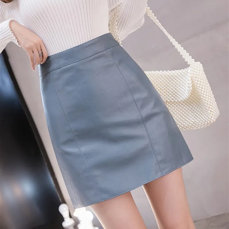 Leather Skirt Mini Pencil Black Women High Waist Skirts Clothing Winter Fall Harajuku Shortvintage Fashion Pu Streetwear - Цвет: Синий