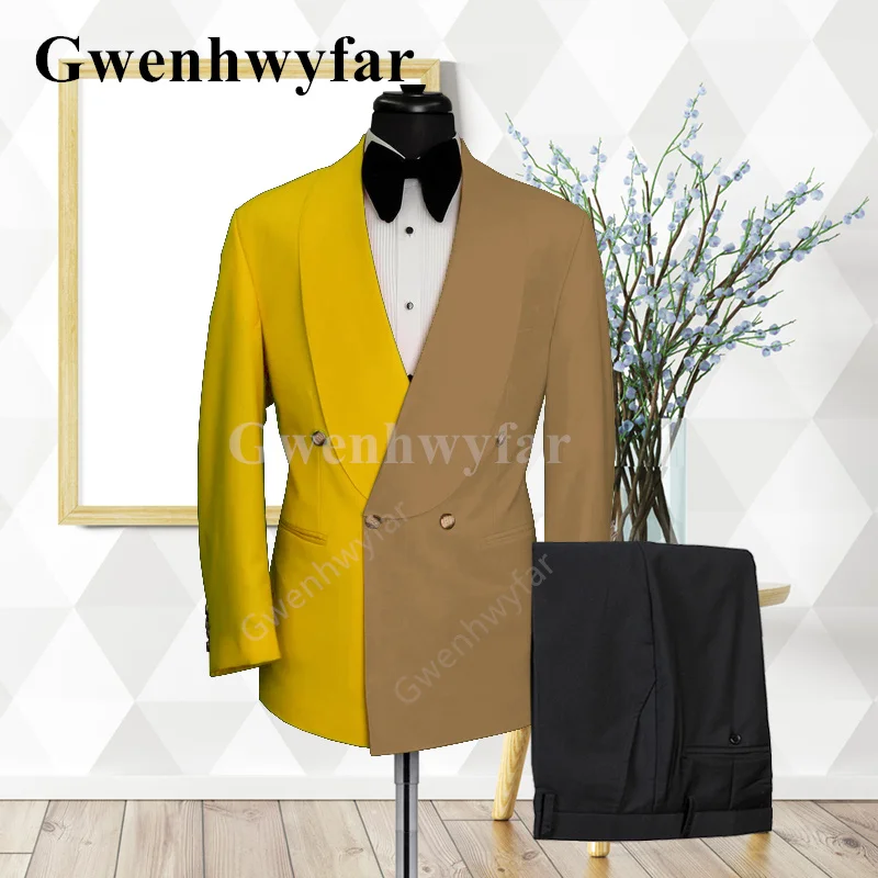 

Gwenhwyfar Trend Style Mixed Color Yellow Khaki Wedding Double-breasted Suit Business Casual Tuxedo Bridegroom Suit 2-piece Suit