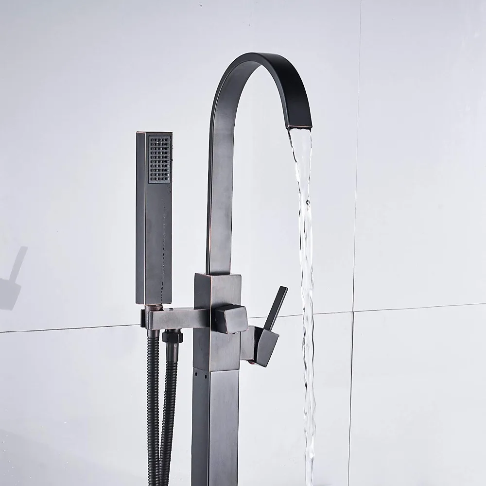 Standing Bathtub Faucet Tub Filler Bathroom Floor Mount Black Bronze Bathtub Mixer Tap Single Handle Faucet Tap Bathroom Tub 6
