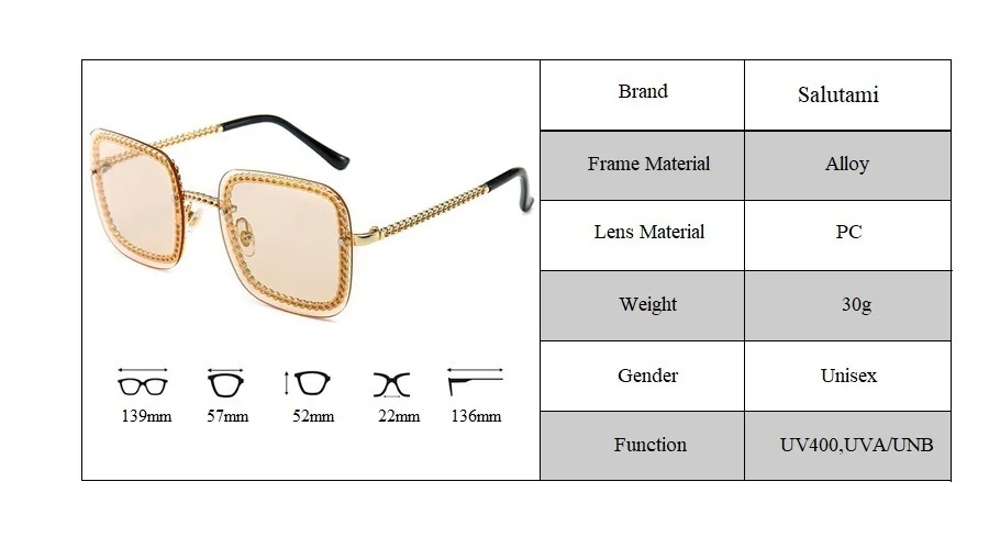 Оправа с цепочкой из сплава, квадратные солнцезащитные очки для женщин, роскошные брендовые солнцезащитные очки без оправы Vinatge, большие прозрачные оттенки(без цепи