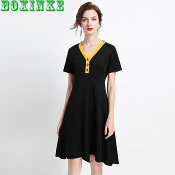 

2020 Summer Fashionable Plus Size Casual Dress With Short Sleeves Korean Version Of The Waist Sexy Thin Irregular Knit Dress