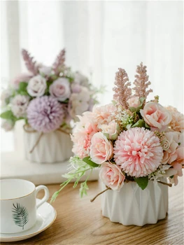 

B-LIFE Artificial Hydrangea Flower in Burlap Pot Artificial Flower Bonsai Potted Silk Fake Flowers Plant Arrangement for Wedding