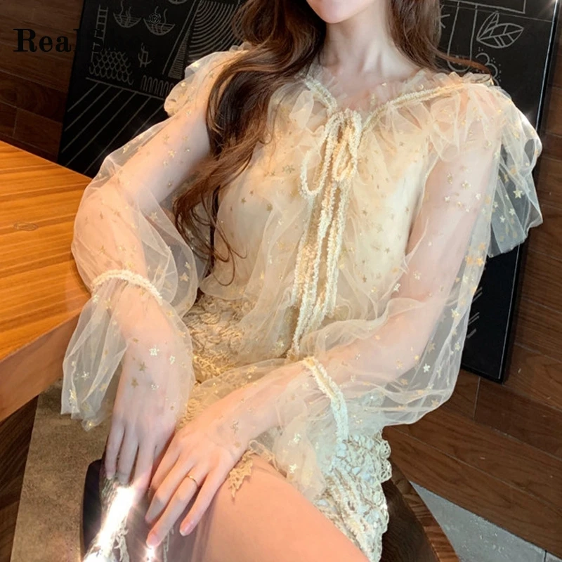 

RealShe Blouse Women V-neck Long Flare Sleeve Solid Ruffles Sequins Mesh Womens Tops And Blouses Spring Autumn Womens Shirt