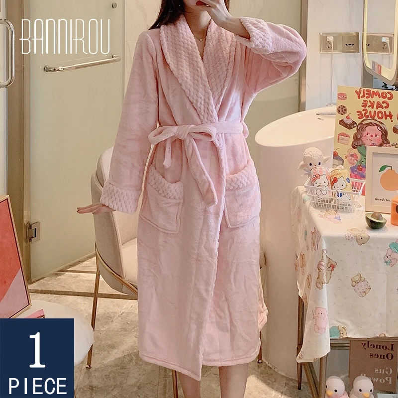 

BANNIROU Women Warm Robe Solid Velvet Winter Long Robe For Woman Bath Robe Pajamas Casual Thick Warm Sleepwear 2020 Freeship