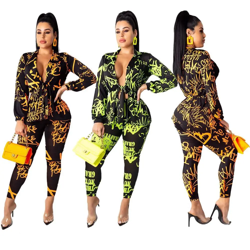 

Winter Women's set long sleeve Letter print Tie up shirt top pencil pants suit two piece set elegant tracksuit outfit GLMN8056