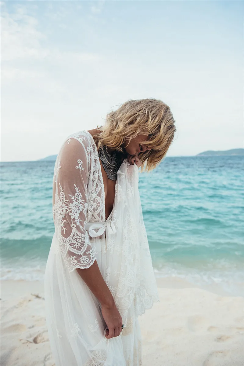 Сексуальный просвечивающий длинный Кимоно Кардиган белая кружевная блузка летняя пляжная одежда размера плюс женские рубашки Топ женский N916