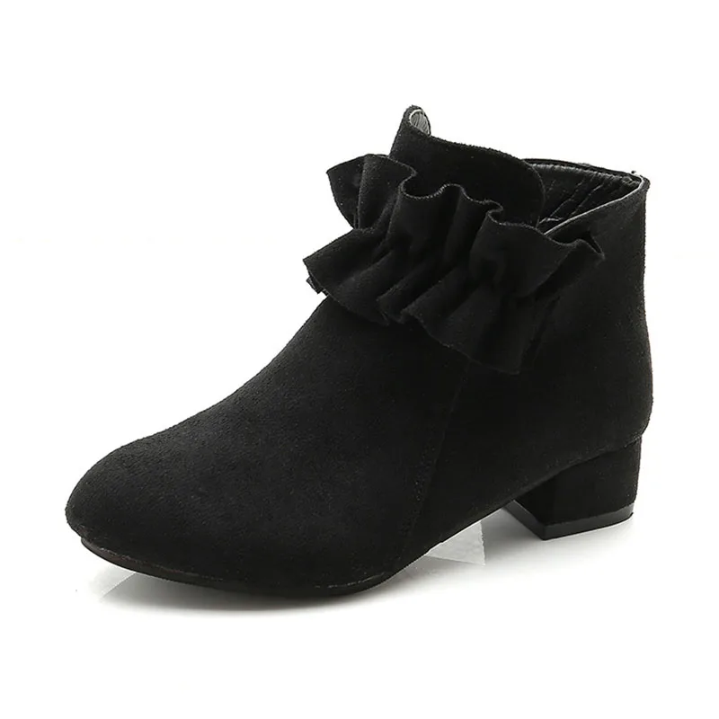 Children Girls Suede Plush Lining Ankle Boots Kids Fashion Low-heeled Boots Autumn Winter Children Shoes Size 27-37 - Цвет: Черный