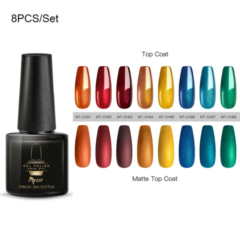 8PCS 6ml Mirror Red Yellow Gel Nail Polish Set Mirror Metal Color Soak Off UV Gel Varnish Matte Top Coat Needed Nail Art