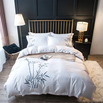 

Gray White Duvet Cover Set Bamboo Leaves Embroidered on Egyptian Cotton Bedding set Bed Sheet Pillow shams Queen King size 4Pcs