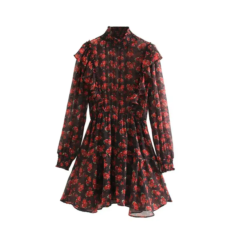 Женское элегантное платье vadim с цветочным узором, шифоновое платье с оборками, с длинным рукавом, с эластичной резинкой на талии, женские повседневные Мини платья, vestidos QD160 - Цвет: as picture