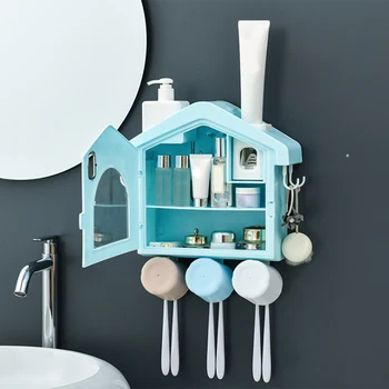 

Small House Toothbrush Holder Wall-Mounted Double Storage Rack Cup Holder Set with 3 Brushing Cups Bathroom Box Accessories