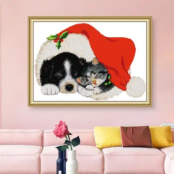 

Christmas Gift Cross Stitch Chinese Embroidery Kit Cute Puppy Kitten Wearing Christmas Hat Sleeping 14CT Creative Manual DIYGift