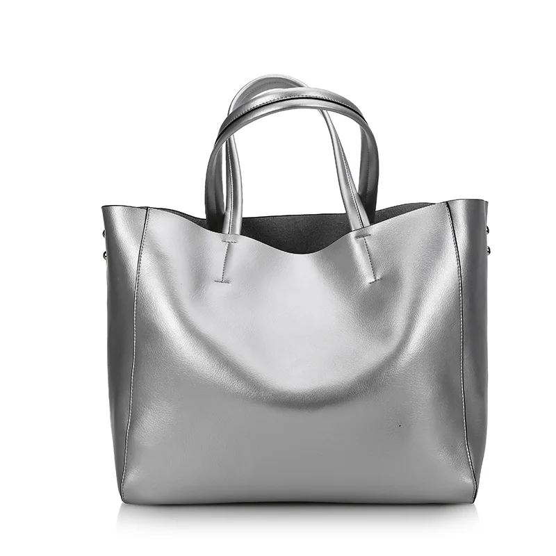 Новая мода натуральная кожа женская сумка большая Вместительная женская сумка через плечо известный бренд Женская Сумка Для Покупок Сумка - Цвет: silver