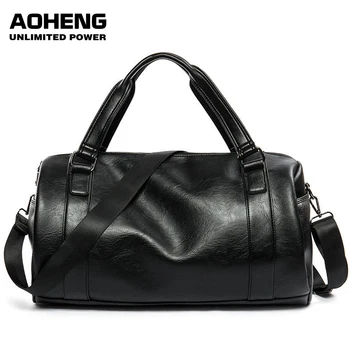 

New Men Travel Duffle Bag PU Leather Men's Travel Bags Black Shoulder Handbag Round Bucket Shape Messenger Bag Tote